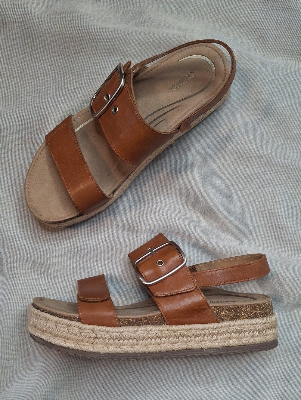 Aetrex Tan Leather Espadrille Platform Buckle Sandals
